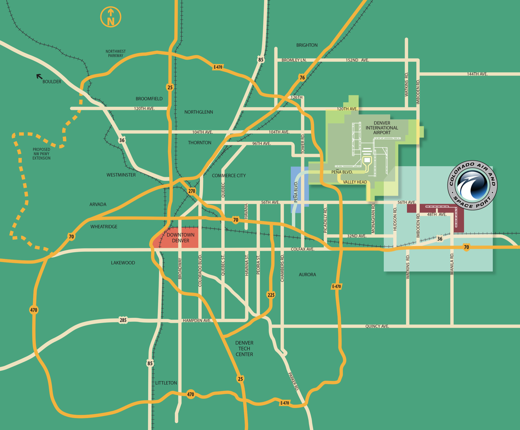 Map highlighting Denver, including major roads, Denver International Airport, and Colorado Air and Space Port logo
